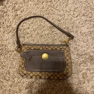 Coach Brown Signature Canvas Mini Wristlet with Leather Trim